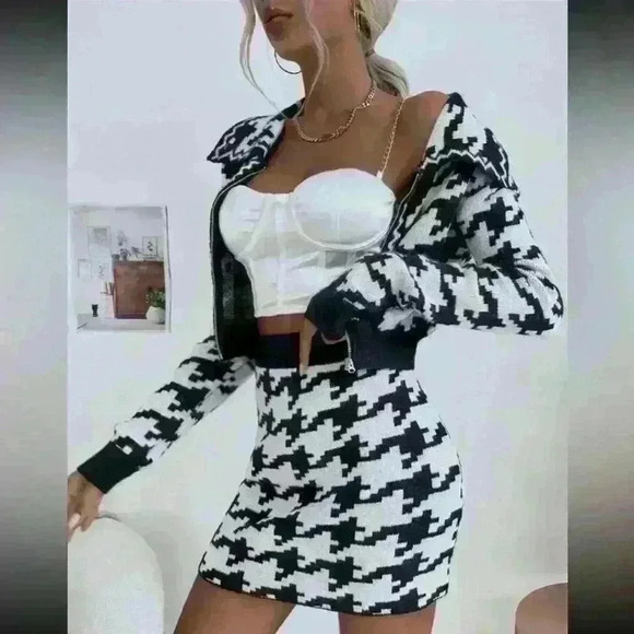 NWT SHEIN houndstooth black and white 2 piece skirt set size - Picture 6 of 7